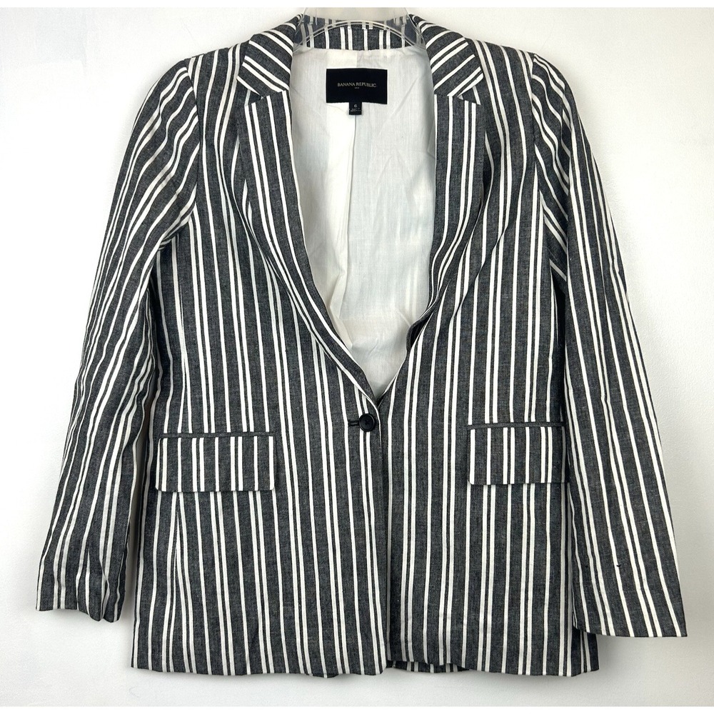 Banana Republic Linen Blazer Womens 6 Jacket Striped Nautical Preppy Beachy